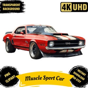 Muscle Sport Car 2 PNG Clipart imprimible, Muscle Sport Car retro en acuarela, imágenes para hacer tarjetas con Muscle Sport Car estadounidenses, uso comercial