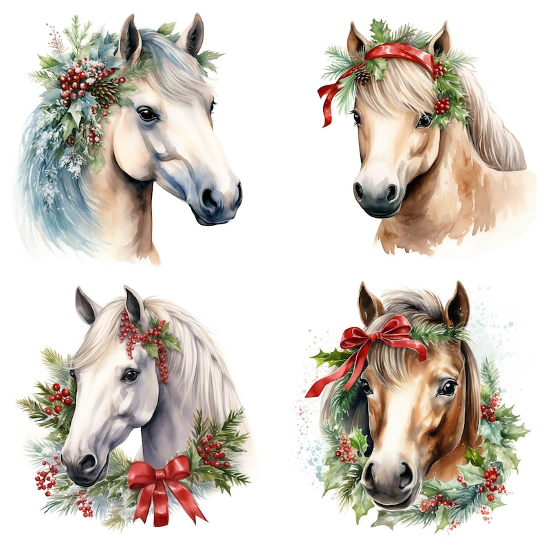 30 Christmas Horse PNG Clipart Bundle, Watercolor Festive Pony Images ...