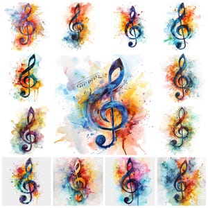 30 Aquarell Violinschlüssel PNG Clipart, künstlerische Musik Hinweis Grafik für POD, Musik Symbol Illustration, musikalisches T-Shirt Design kommerzielle Nutzung