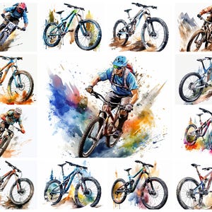 28 Mountain Bike PNG Clipart Bundle, Download istantaneo di arte MTB Advenure ad acquerello, Illustrazione di carta artigianale per ciclismo su pista, Uso commerciale