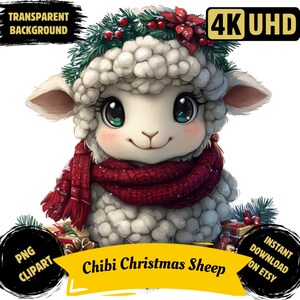 Paquete de imágenes prediseñadas PNG de ovejas navideñas chibi, ilustración caprichosa de un amigo lobo navideño, sublimación peculiar de cordero festivo de invierno, uso comercial