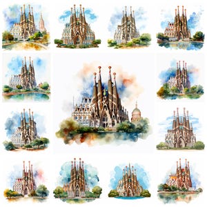 32 Basilique de la Sagrada Familia PNG Clipart Bundle, chef-d'oeuvre aquarelle de Gaudi, téléchargement immédiat, illustration sur papier, usage Commercial