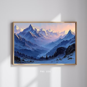 Verschneite Berge Sonnenaufgang PNG Landschaft Wand Kunst Druck, Aquarell Winter Tal Poster, Landschaft Kunstwerk, Golden Licht über Schnee Leinwand Dekor