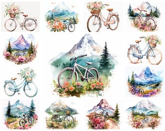 Floral Bicycle PNG Clipart Bundle, Watercolor Blooming Bicycle Digital Art Instant Download, Paper Craft Illustration, Commercial Use