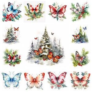 Ensemble de 41 papillons de Noël PNG Clipart, Illustration fantaisiste de papillon de Noël, Images d'ailes festives, photos d'insectes de vacances, usage Commercial