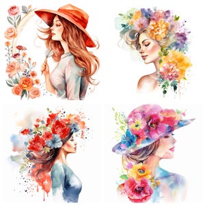 May include: Four watercolor paintings of women with floral accents. Each woman is depicted with a different floral design, including a flower crown, a hat with flowers, and a flower arrangement in their hair. The paintings are done in a soft, romantic style.