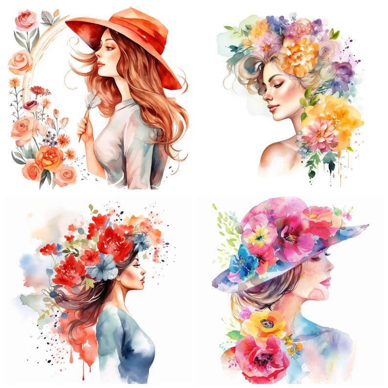 May include: Four watercolor paintings of women with floral accents. Each woman is depicted with a different floral design, including a flower crown, a hat with flowers, and a flower arrangement in their hair. The paintings are done in a soft, romantic style.