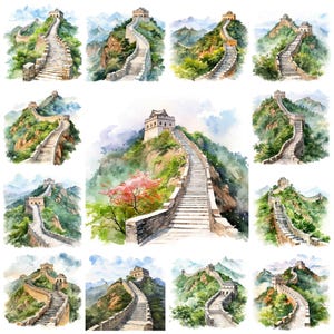 28 The Great Wall of China PNG Clipart Bundle, Watercolor Chinese Landmark Instant Download, Paper Craft Illustration, Commercial Use