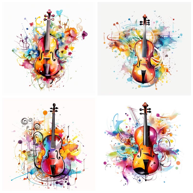 22 Violin Notations JPG Clipart Bundle, Watercolor Abstract Violin ...