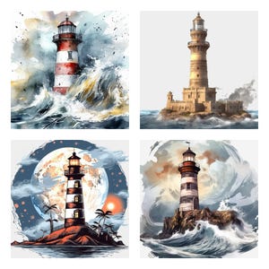 Könnte beinhalten: Vier Aquarelle von Leuchttürmen. Die erste zeigt einen rot-weißen Leuchtturm mit stürmischer See. Die zweite zeigt einen hohen, steinernen Leuchtturm mit ruhiger See. Die dritte zeigt einen rot-weißen Leuchtturm auf einer kleinen Insel mit Vollmond. Die vierte zeigt einen schwarz-weißen Leuchtturm auf einer felsigen Insel mit tosenden Wellen.