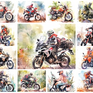 Pacchetto di clipart JPG di motociclette da avventura, download istantaneo di arte digitale PNG di moto fuoristrada ad acquerello, illustrazione di artigianato di carta, uso commerciale