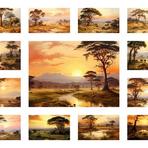 35 Africa Savannah PNG Clipart Bundle, acquerello africano praterie arte digitale JPEG download, illustrazione safari africano, uso commerciale