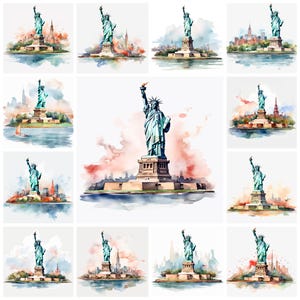 31 Estátua da Liberdade PNG Clipart Bundle, Aquarela Nova York EUA marco Download instantâneo, Ilustração de artesanato em papel, Uso comercial