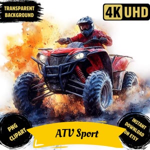 Clipart stampabile in formato PNG con sport ATV ad acquerello, immagini di illustrazioni di veicoli fuoristrada a 4 ruote con sublimazione di veicoli fuoristrada all-terrain, uso commerciale
