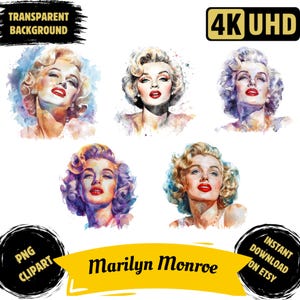 Paquete de 5 imágenes prediseñadas de Marilyn Monroe PNG, imágenes de retratos de Monroe, ícono de Hollywood, ilustración de silueta de arte de pared de Marilyn, uso comercial