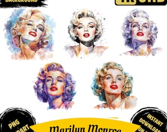 5 Marilyn Monroe PNG Clipart Bundle, Hollywood Icon Monroe Portrety Obrazy, Marilyn Wall Art Sylwetka Ilustracja, Komercyjne Wykorzystanie