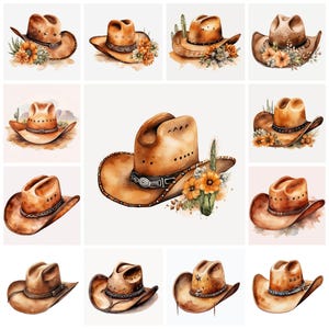 31 Cowboy Hut PNG Clipart Bundle, Aquarell Western Hut Digital Art JPEG Sofort-Download, Rodeo Hut Wilder Westen Illustration, kommerzielle Nutzung