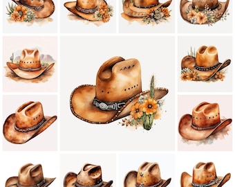 31 Cowboy Hat PNG Clipart Bundle, Watercolor Western Hat Digital Art JPEG Instant Download, Rodeo Hat Wild West Illustration, Commercial Use
