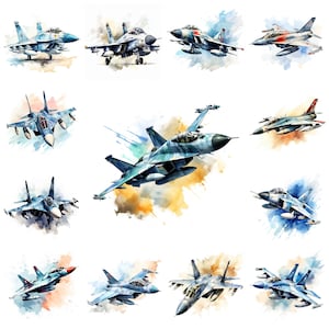 Könnte beinhalten: Aquarellillustrationen verschiedener Kampfflugzeuge im Flug. Jedes Flugzeug wird mit detaillierter Kunstfertigkeit dargestellt, die verschiedene Designs und Farbschemata zeigt, vor farbenfrohen, abstrakten Hintergründen.