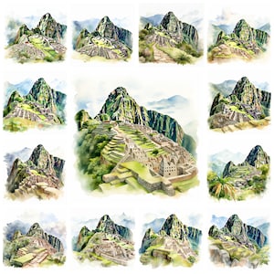 Paquete de 36 imágenes prediseñadas PNG de Machu Picchu, descarga instantánea de la ciudad perdida de los incas en acuarela de Perú, ilustración de manualidades de papel, uso comercial