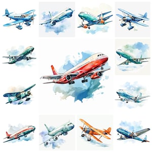 Pacote de clipart PNG de 32 aviões, download instantâneo de arte digital de aeronaves em aquarela JPEG, ilustração de papel de avião de passageiros, uso comercial