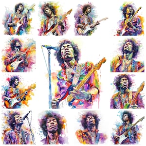 28 Jimi Hendrix PNG-clipartbundel, aquarel gitaarlegende psychedelische rockart direct downloaden, papier ambachtelijke illustratie, commercieel gebruik