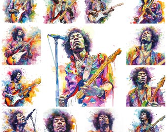 28 Jimi Hendrix PNG Clipart Bundle, Watercolor Guitar Legend Psychedelic Rock Art Instant Download, Paper Craft Illustration, Commercial Use