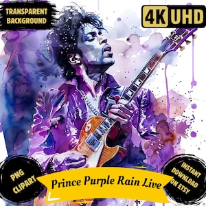 Paquete de imágenes prediseñadas PNG de Prince Live, imágenes de Prince con guitarra eléctrica en acuarela, leyendas de la música de los años 80 con íconos del funk rock, sublimación digital