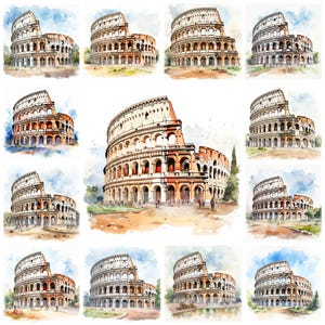 21 Colosseum Rome PNG clipart bundel, aquarel oude Colloseum Italië kunst Instant Download, papier ambachtelijke illustratie, commercieel gebruik
