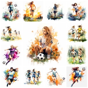 33 damesvoetbal PNG-clipartbundel, aquarel damesvoetbal digitale kunst JPEG Instant Download, Paper Craft-illustratie commercieel gebruik