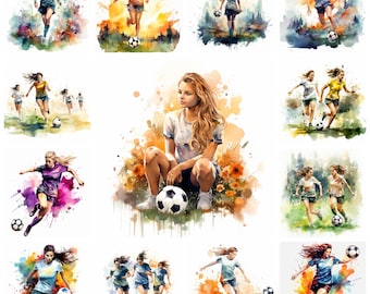 33 Frauen Fußball PNG Clipart Bundle, Aquarell Frauen Fußball Digitale Kunst JPEG Sofort-Download, Papier Handwerk Illustration Kommerzielle Nutzung