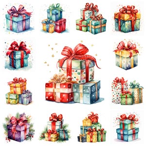 Paquete de 36 imágenes prediseñadas PNG de regalos navideños, descarga instantánea de arte JPEG de regalos festivos en acuarela, ilustración de cajas de regalo de Navidad, uso comercial