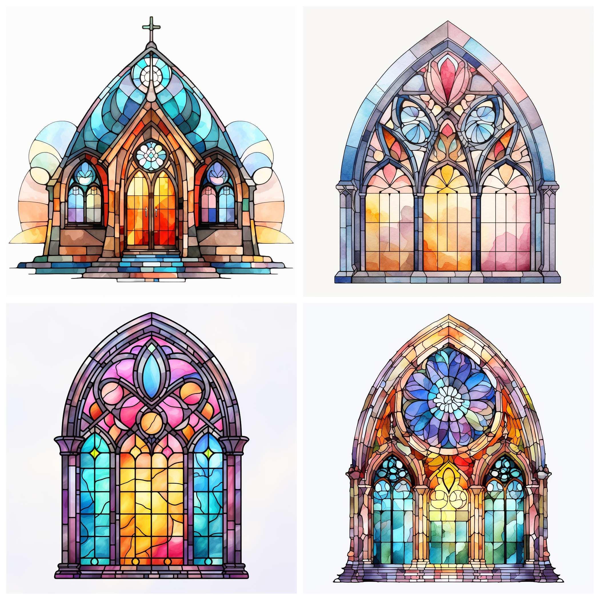 24 Stained Church Glass PNG Clipart Bundle, Watercolor Colored