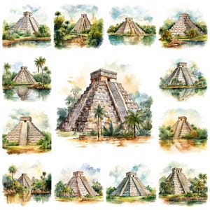 32 Chichén Itzá PNG Clipart Bundle, Watercolor Ancient Mayan city Instant Download, Yucatán Peninsula Paper Illustration, Commercial Use