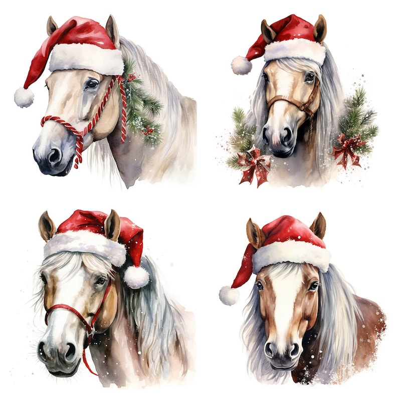 30 Christmas Horse PNG Clipart Bundle, Watercolor Festive Pony Images ...