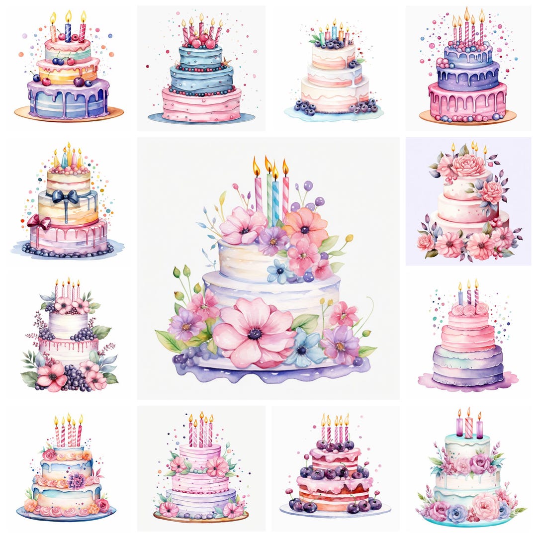 Watercolor Birthday Cake PNG Clipart Bundle, Happy Birthday Cake ...