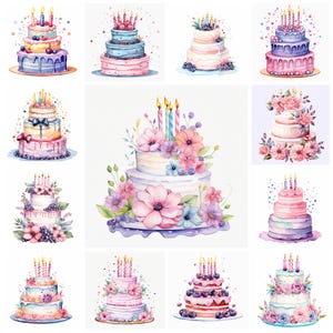 Aquarel verjaardagstaart PNG clipartbundel, Happy Birthday Cake digitale kunst JPEG Instant Download, papier ambachtelijke illustratie, commercieel gebruik