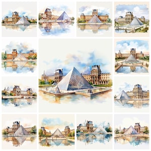 25 Louvre Museum PNG-clipartbundel, aquarel Louvre abstracte digitale kunst direct downloaden, papier ambachtelijke illustratie, commercieel gebruik