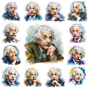 May include: A collage of 12 watercolor paintings of Albert Einstein. Each painting features a different expression and pose of Einstein, with a colorful background.