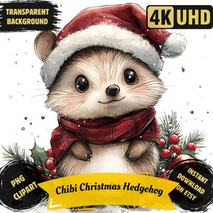 Bundle de cliparts Chibi Noël hérisson PNG, Illustration animale de Noël fantaisiste, sublimation originale de hérisson d'hiver, usage Commercial