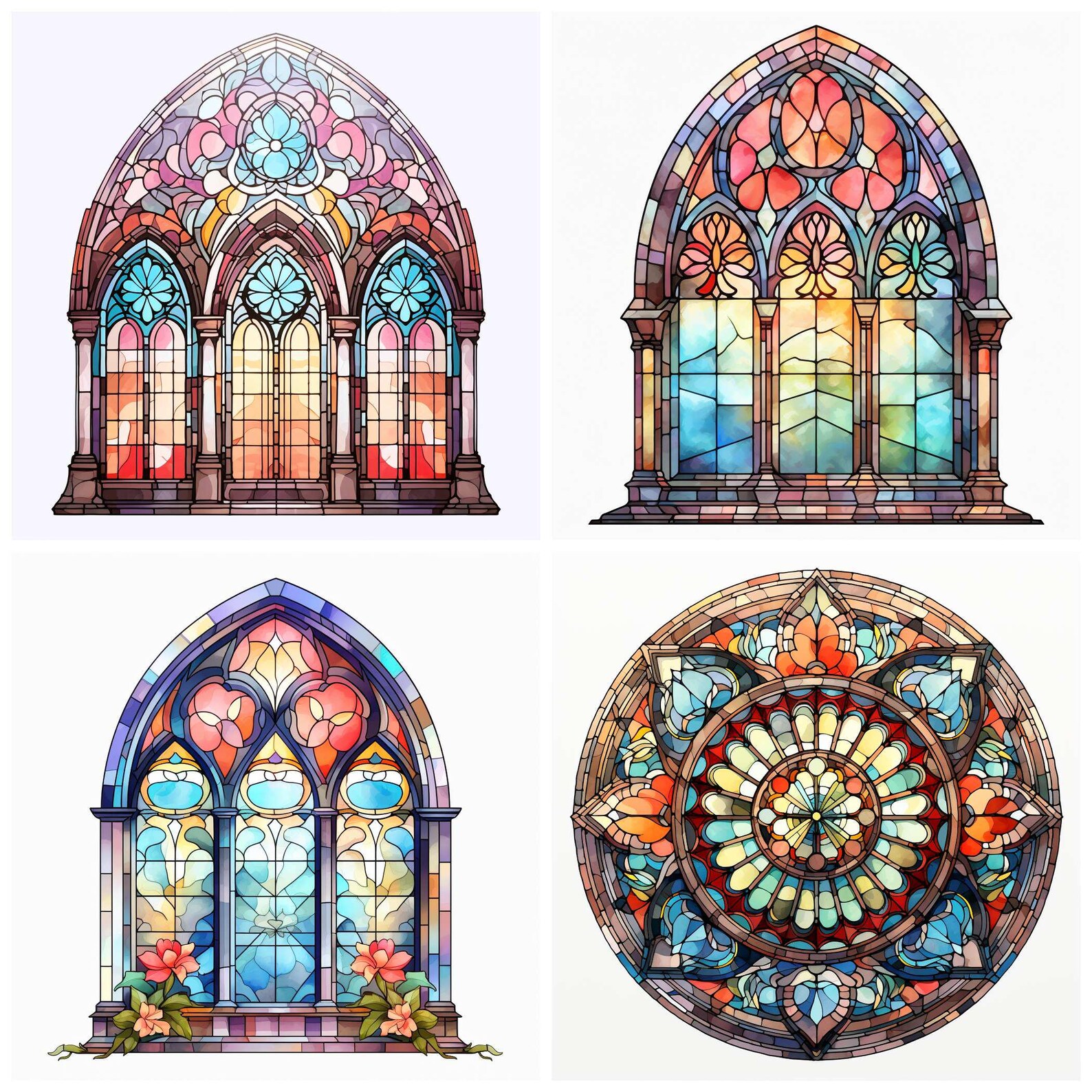 24 Stained Church Glass PNG Clipart Bundle, Watercolor Colored