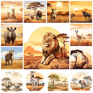 72 África Savannah Animais PNG Clipart Bundle, Aquarela Vida Selvagem Africana Download, Leão, Chita, Elefante, Rinoceronte etc, Uso Comercial