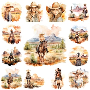 33 Cowgirl PNG Clipart Bundle, Watercolor Western Girl Digital Art JPEG Instant Download, Rodeo Wild West Paper Illustration, Commercial Use