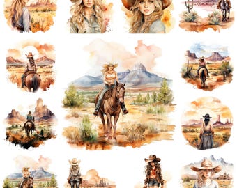 33 Cowgirl PNG Clipart Bundle, Watercolor Western Girl Digital Art JPEG Instant Download, Rodeo Wild West Paper Illustration, Commercial Use