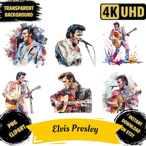 Bundle de 6 cliparts Elvis Presley PNG, aquarelle King of Rock Elvis Portrait Images, Illustration Silhouette Elvis, photo de légende du rock n roll