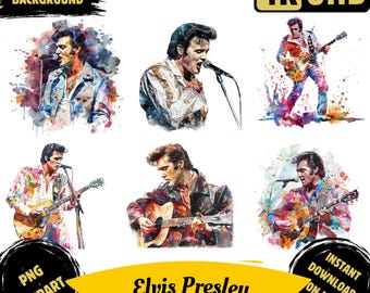 6 Elvis Presley PNG Clipart Bundle, Watercolor King of Rock Elvis Portrait Images, Elvis Silhouette Illustration, Rock n Roll Legend Picture
