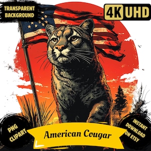American Cougar PNG Clipart Bundle, Watercolor USA Themed Cougar with American Flag Illustration, Patriotic American Crafts, Commercial Use