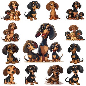 26 Pacote de clipart JPG de Dachshund de desenho animado, download instantâneo de arte digital PNG de Dachshund animado, ilustração de Dachshund adorável para uso comercial