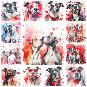 May include: Watercolor painting of various pit bull dogs in different poses, some with hearts and flowers. The dogs are all in shades of brown, black, and white.