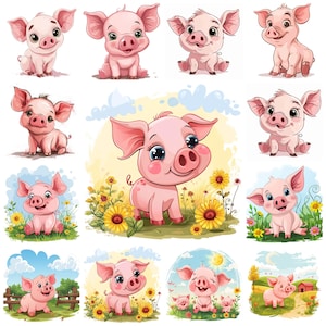 Paquete de 34 imágenes prediseñadas en formato JPG de cerdos de dibujos animados, descarga instantánea de arte digital PNG de cerdos divertidos animados, ilustración de manualidades de papel, uso comercial